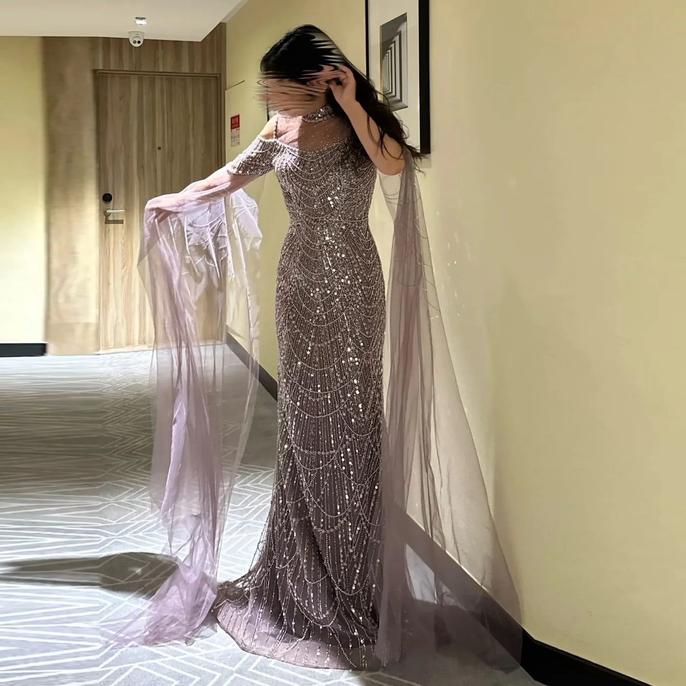 Linyang Purple High Collar Waisted Elegant Formal Evening Prom Cape Sleeves Bridesmaid Party Long Sequinned Dress for Women 2023