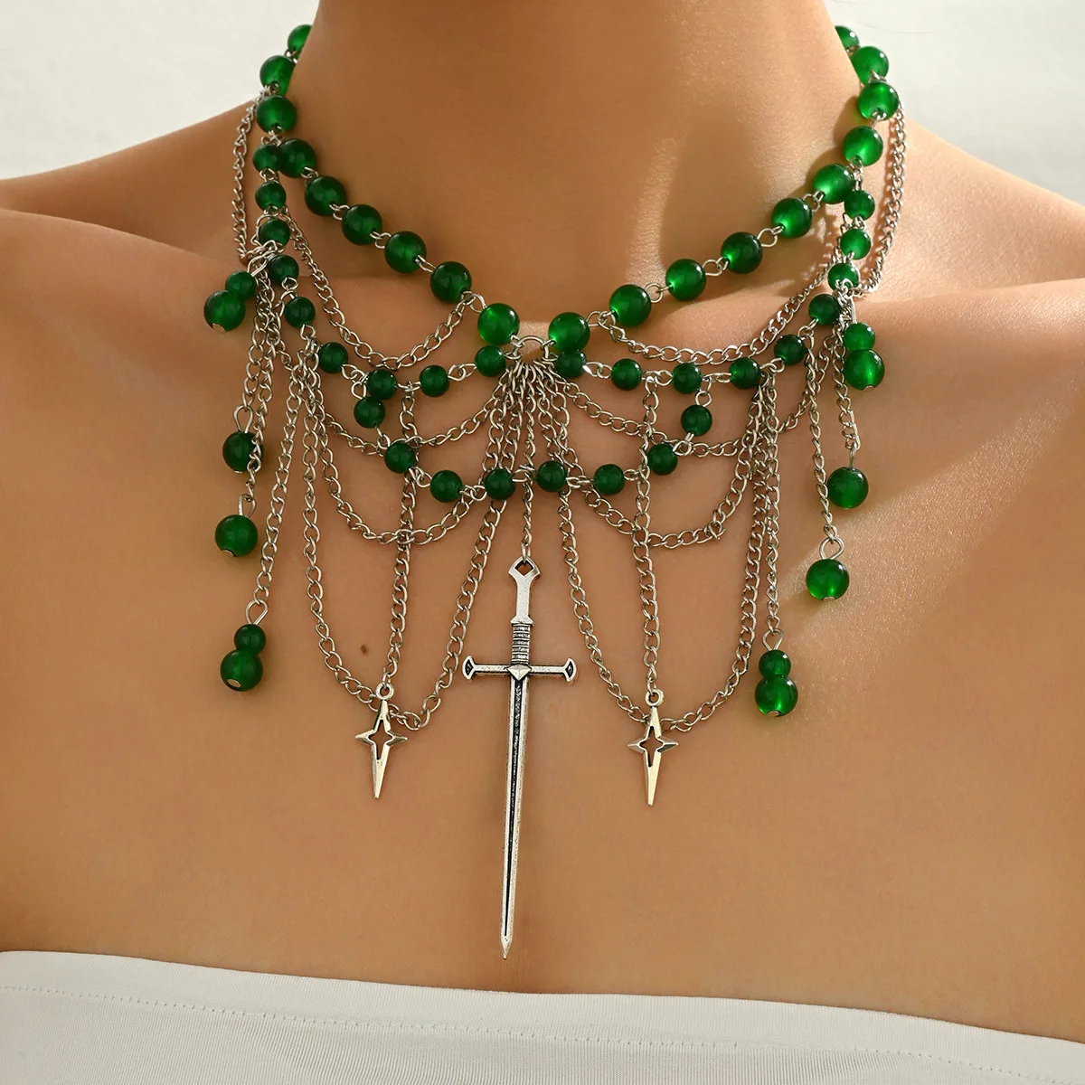 

Gothic Beaded Choker Necklace - Vintage Layered Green Fringe Jewelry for Women, Y2K Dark Aesthetic Necklace