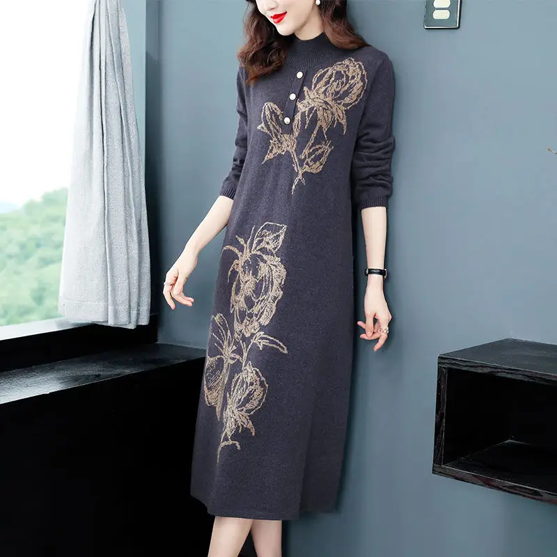 Vestido de punto Jacquard de gran tamaño para mujer, Cuello medio alto, hasta la rodilla, Vintage, botones, parte inferior