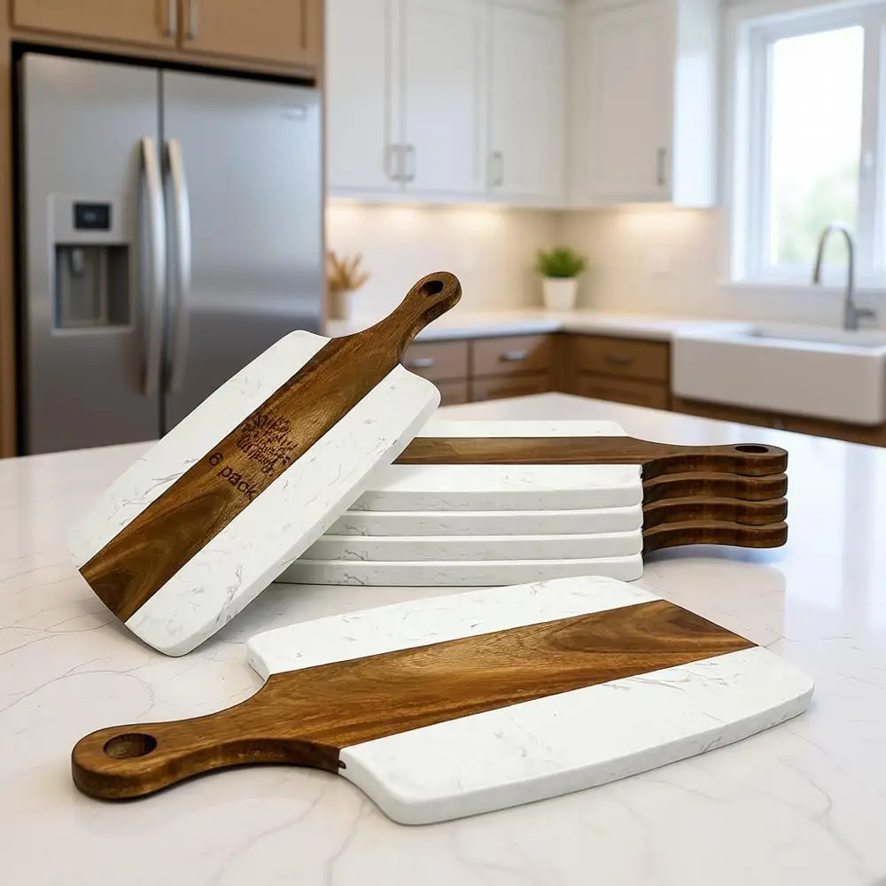 

13.75 x 7.25 Acacia Wood & Marble Serving Tray with Handle, Ideal for Charcuterie and Chopping, DIY Gift Option