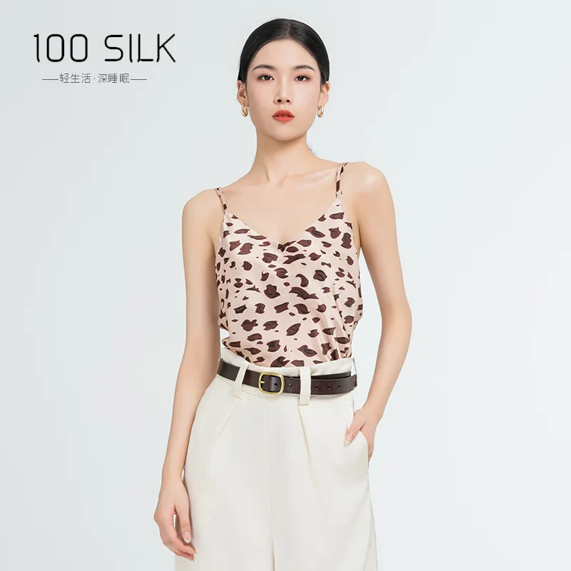 19 Momme 100 Mulberry Silk Camis Vest Leopard Printed Camisole for Women Loose Sexy Tank Top Female Summer Sexy Strap Basic Tops