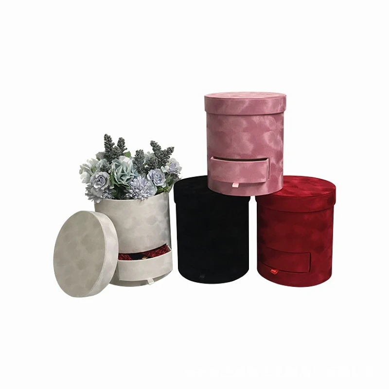 Velvet Round Flower Gift Box With Drawer Jewelry Cosmetics Bouquet Packing Romantic Valentines Day Wedding Birthday Flannel  Box