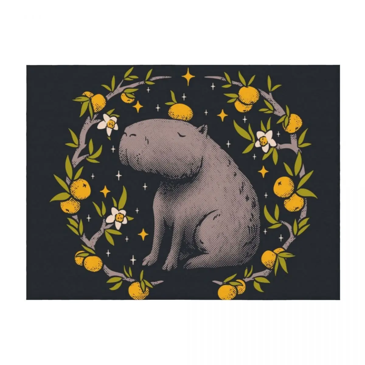 

Capybara Cottagecore Aesthetic Chilling With Orange on Head Goblincore Capy Yuzu Citrus Fruit Blossom Flowers Medi Throw Blanket