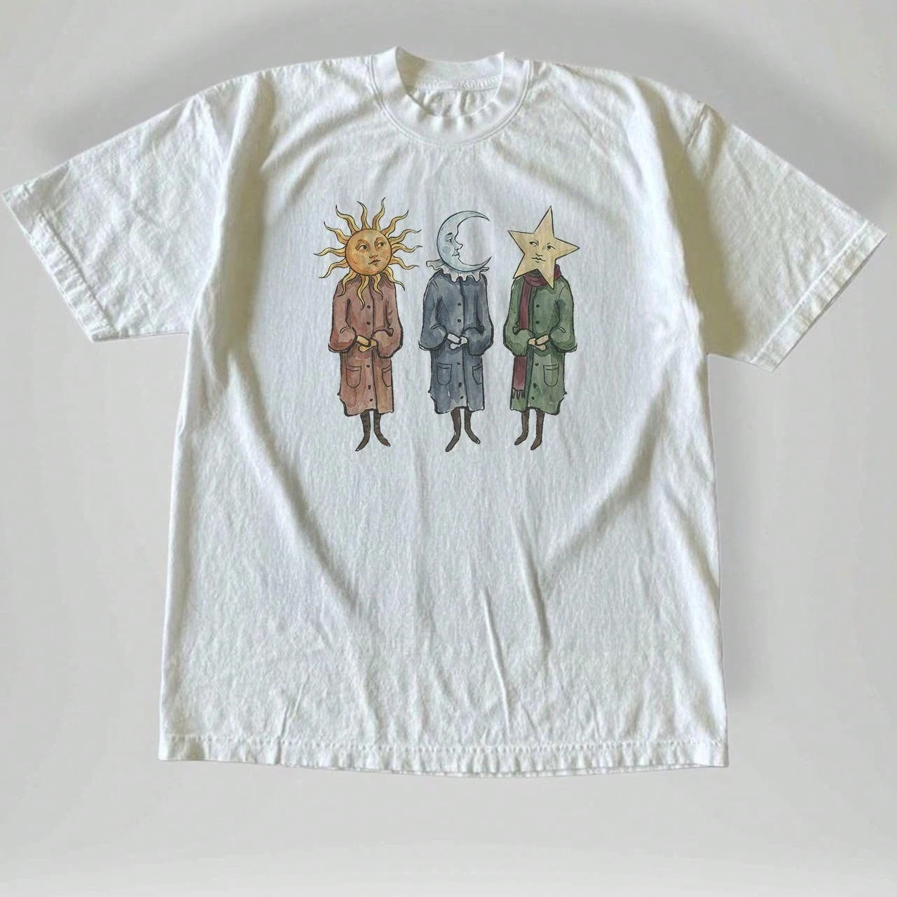 Summer Women's Sun Moon Star Character Art Print T-shirt Cotton and Breathable Short Sleeve Streetwear Oversized Loose Casual