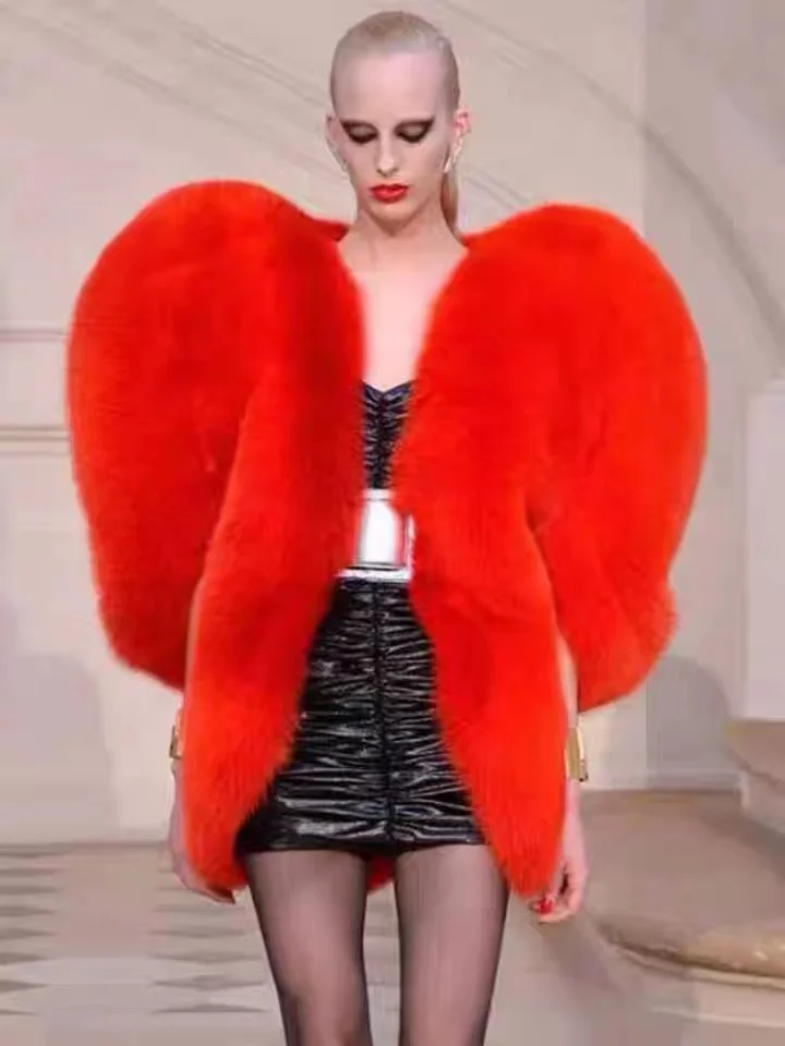 Red Love Fur Jacket Valentine's Day Party Walk Show Performance Coat Singer Music Festival Dance Stage Club Prom Birthday Wear