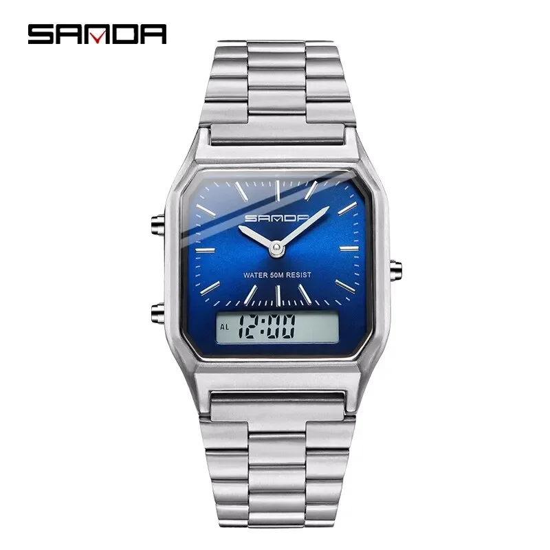 SANDA P747 Luxury Mens Style Watches Stainless Steel Women LED Digital Dual Display Clock Unisex Waterproof Sports Quartz Watch