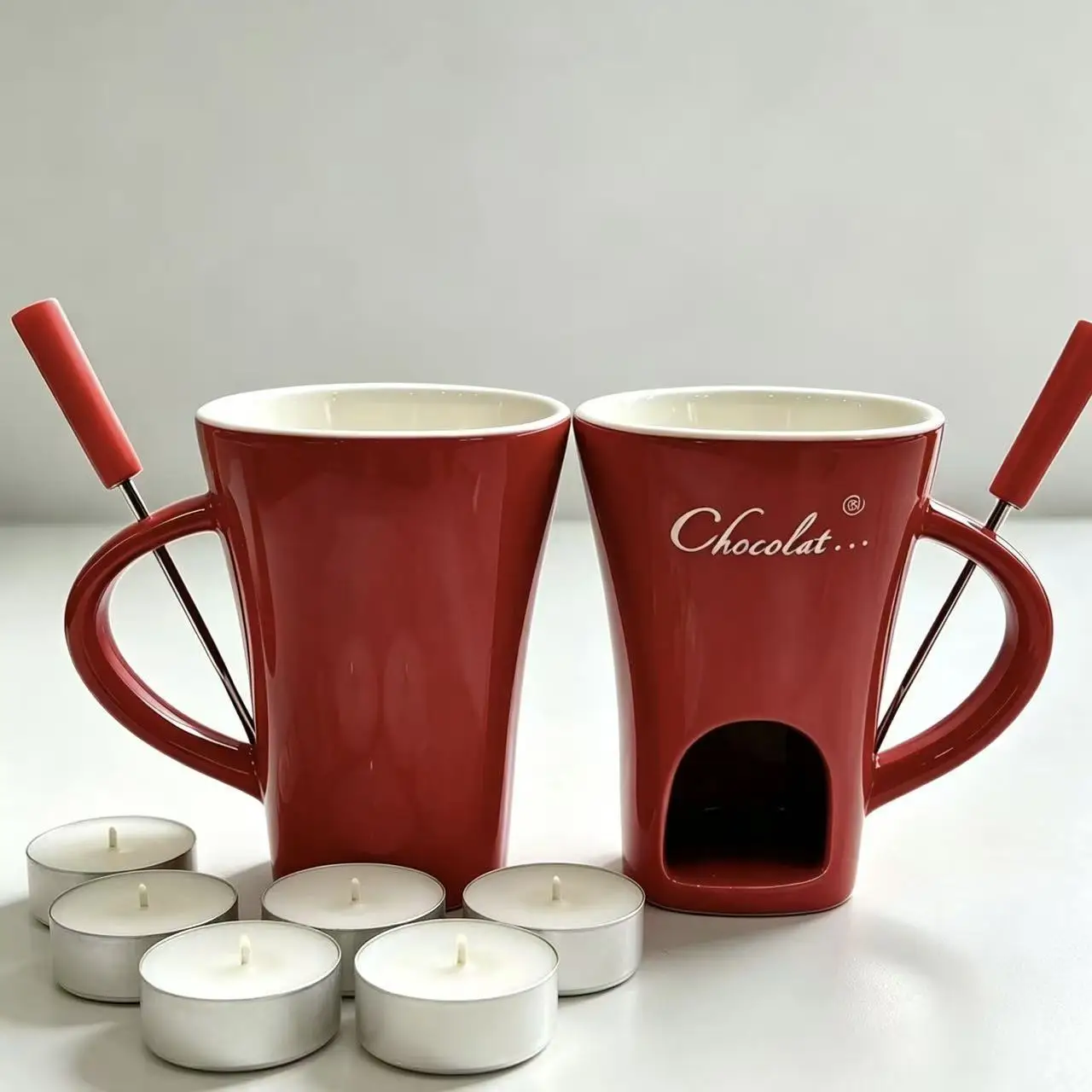 Ceramic Chocolate Fondue Mug Set With Fork Tealight Candle Holder Hot Chocolate Melting Cup Home Kitchen Party Decor Gift