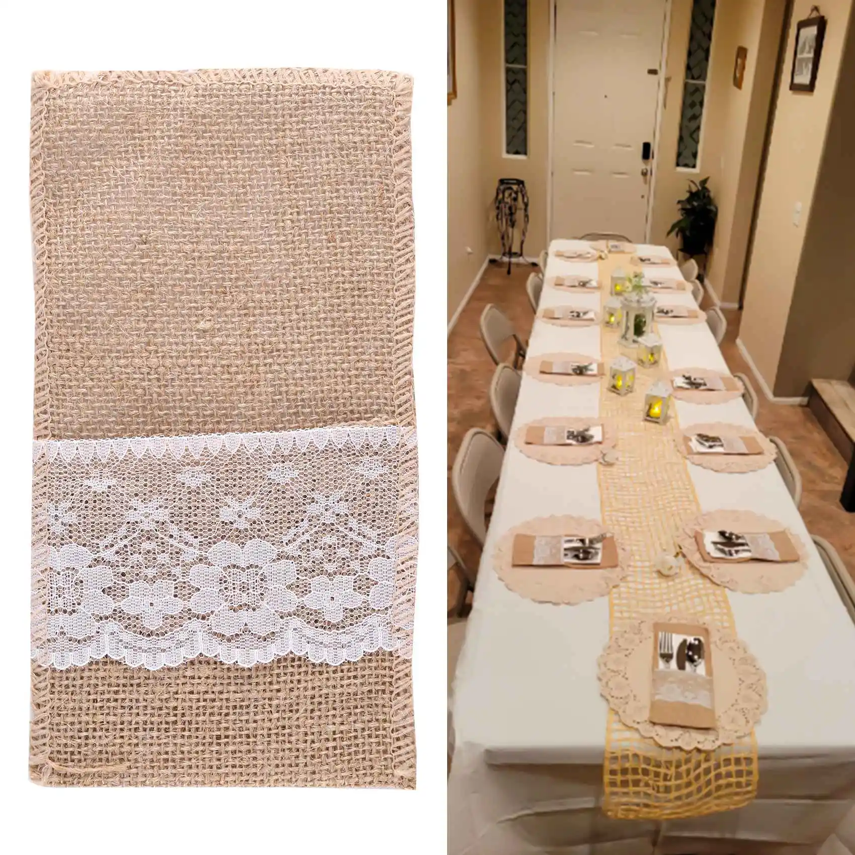 

BHBL 100Pc Burlap Lace Cutlery Pouch Rustic Wedding Tableware Knife Fork Holder Bag Hessian Table Decoration Accessories