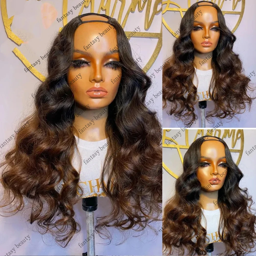 

Body Wave V Part Human Hair Wigs Ombre Dark Chocolate Brown 250Density Middle/Left/Right Glueless U Part/Shaped Wigs With Clips