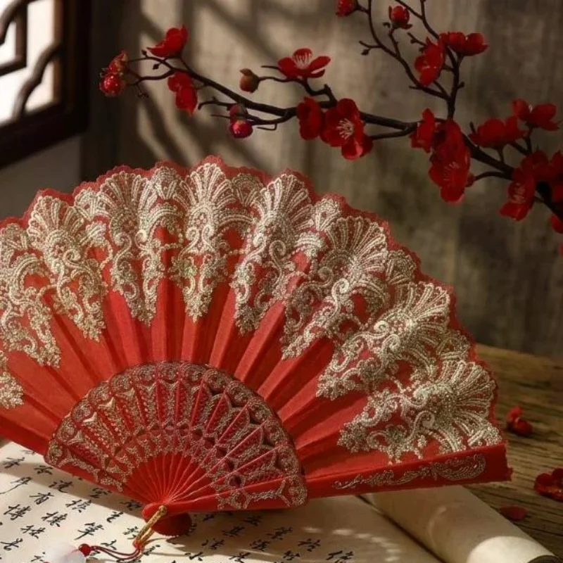 Elegant Chinese Lace Folding Hand Fan with Tassel Vintage Thoughtful Gift for Mother's Day Valentine's Day Female Friends