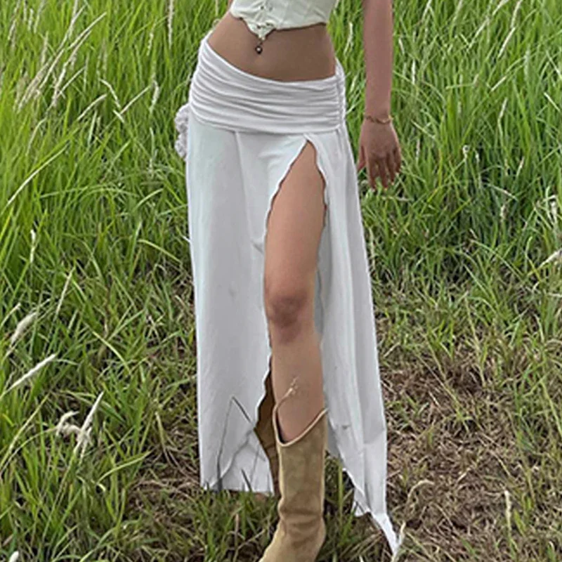 

Ruched Waist Side Split Long Skirt Beach Holiday Women's Summer Low Waist Skirt Solid Color Y2K Vintage Streetwear