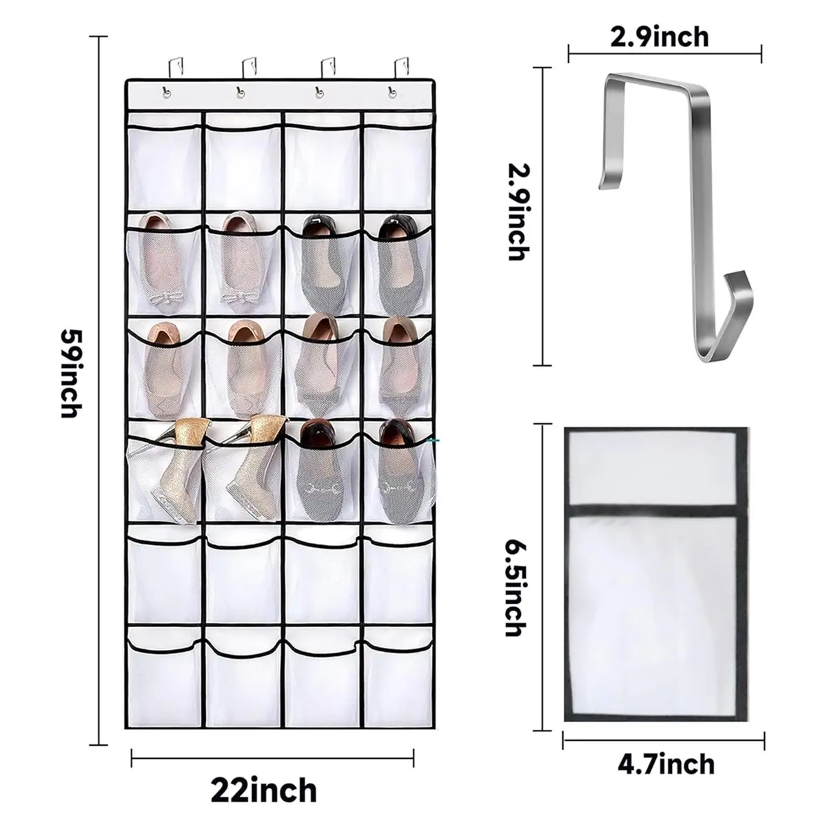 ABNQ 24 Large Breathable Mesh Pockets, Space Saving Hanging Storage Holder, Closet Rack Hanger Holds Up to 40 Lbs