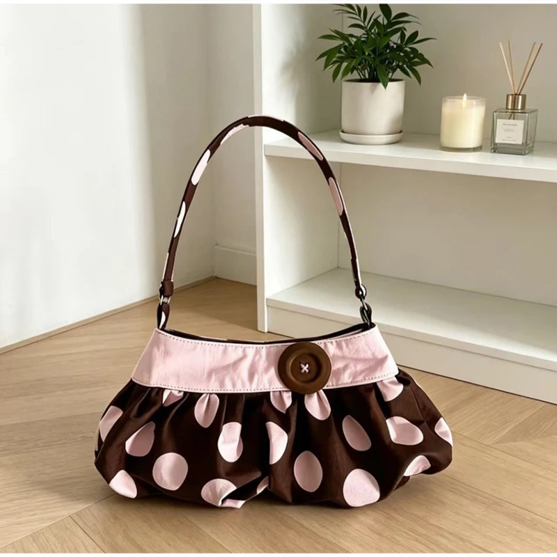 Koreanische Polka-Dot Plissierte Stern-Streifen Hobo Unterarm-Schultertasche, Süße Niedliche Damenhandtasche, Leichte Stoff-Freizeittasche für Frauen – Detail 1