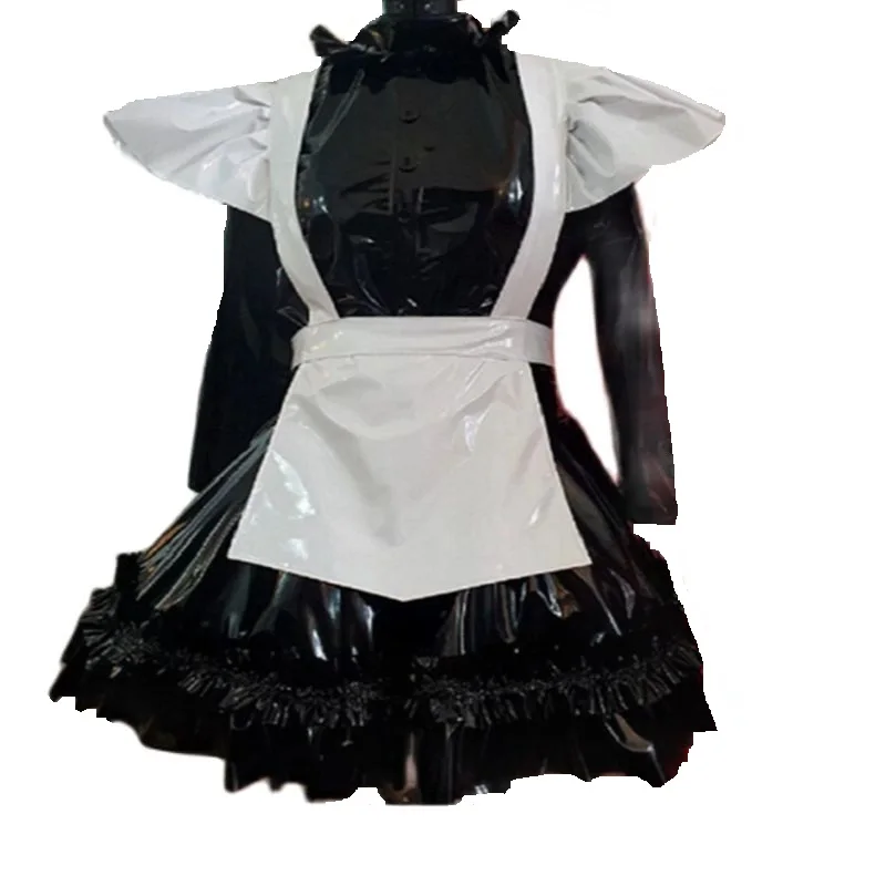 New PVC Lockable Sissy Dress Black and White Stitching Independent Apron Maid Dress Customization