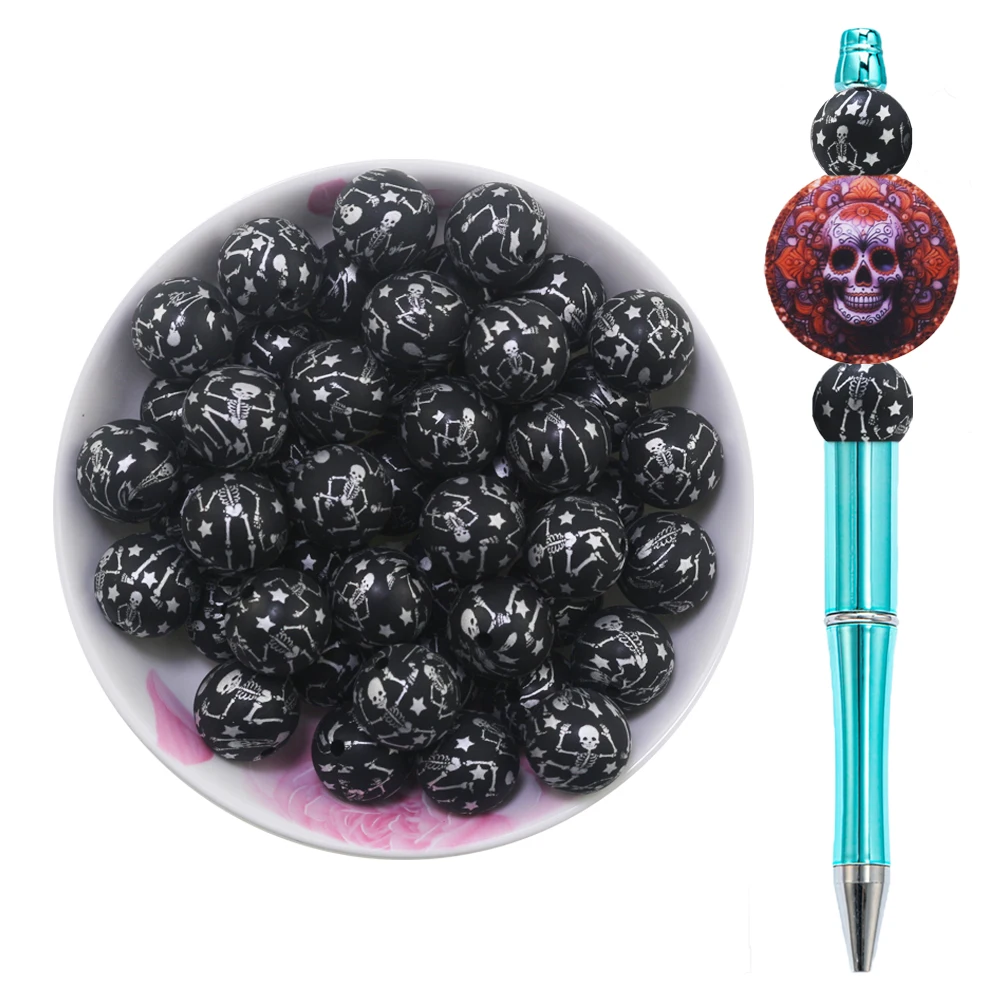 New Arrival Bluk 100Pcs Halloween Dacing Skull Printed Silicone Beads 15MM 20MM Siliver Pattern Silicon Balls For Pens Jewelry