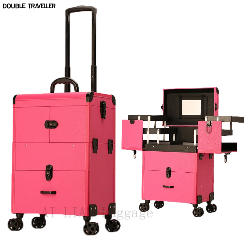 

Retro Women Trolley Cosmetic Bags on Wheel,Nails Makeup Toolbox,Detachable Beauty Box Travel bag Rolling Luggage Suitcase