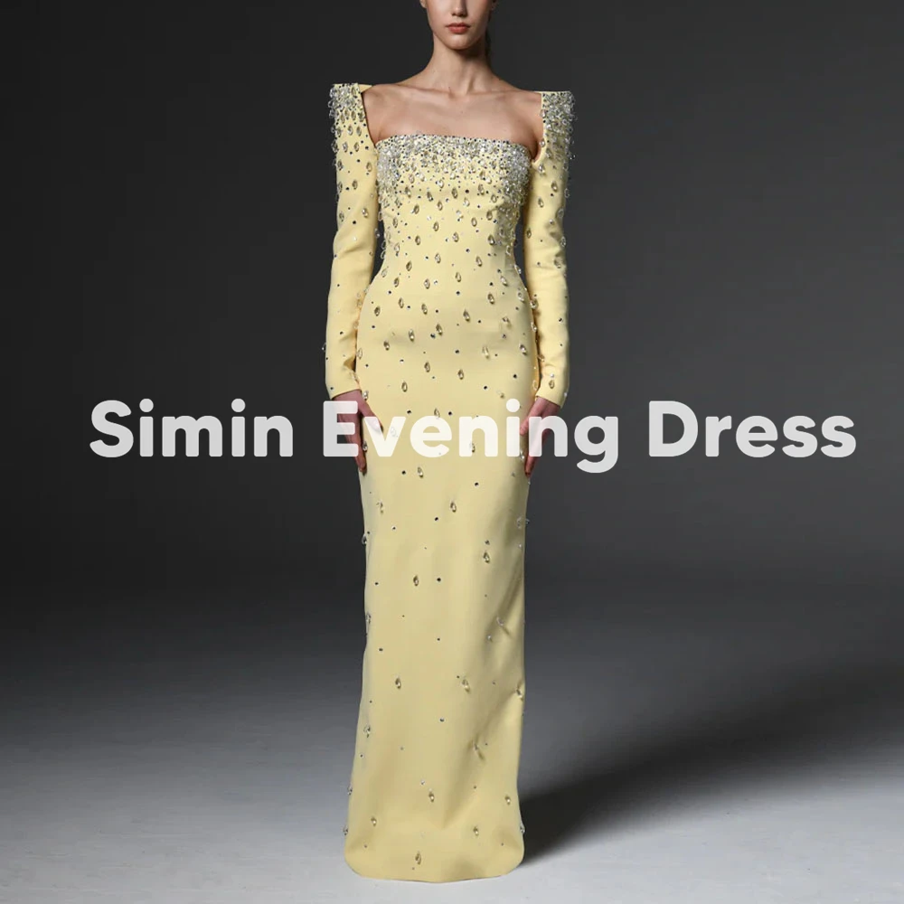 

Simin Женские вечерние платья с квадратным вырезом и открытыми плечами, кристаллами и длинными рукавами, прямые элегантные платья длиной до пола, 2025 г.