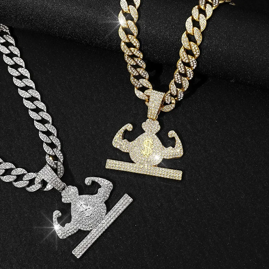 Hip Hop Metal Cartoon Money Bag Pendant Pave Zircon Necklace With 13mm Cuban Chain Fashion Bling Crystal Iced Out Jewelry