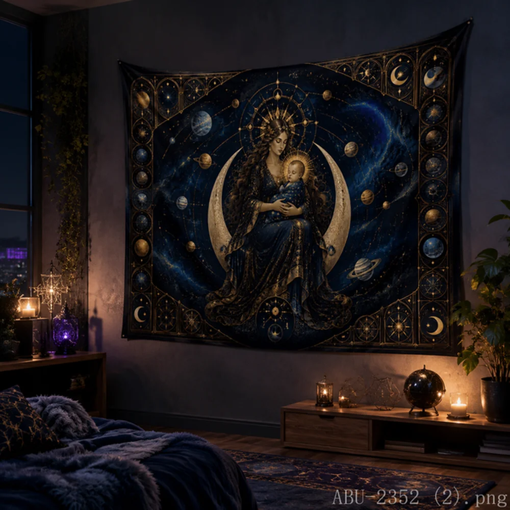 VIKAMA Mystical Cat Lunar Cycle Tapestry Golden Flower of Life Wall Art Boho Dorm Room Decor