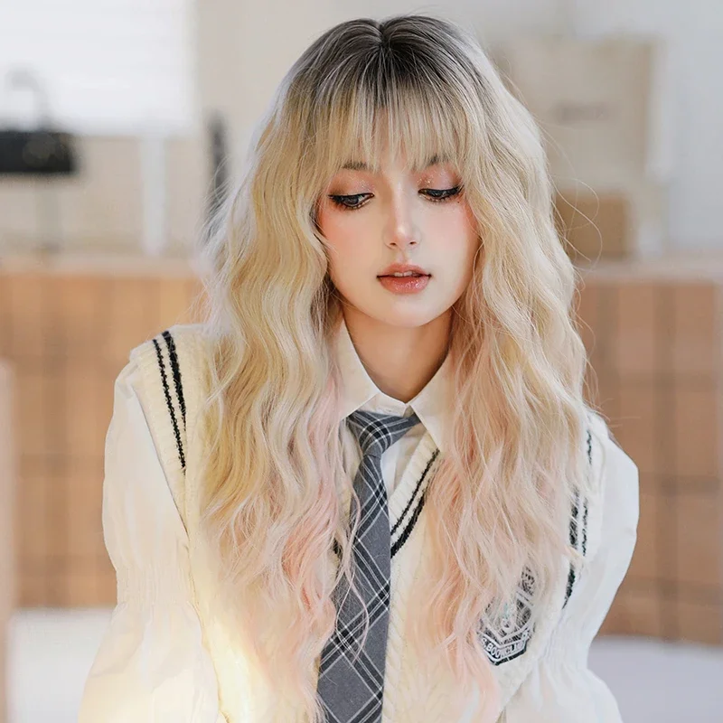 NAMM High Density Synthetic Ombre Blonde Wig for Women Costume Wig Fashion Long Body Wavy Pink and Blonde Wigs with Bangs