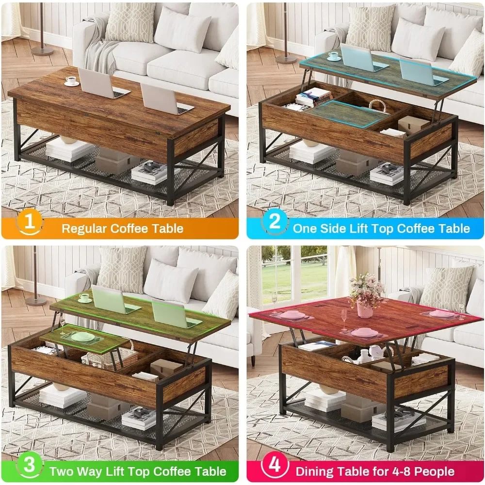 Petite table basse avec compartiment GNE et étagères ouvertes, table basse relevable, 4 en 1, rangement