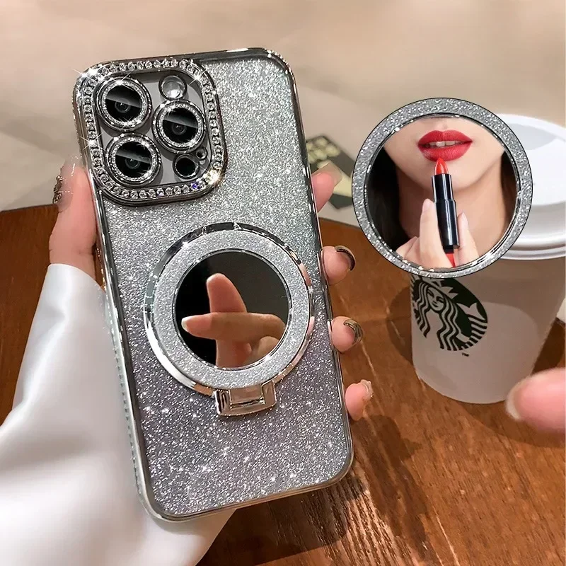 Luxury Diamond Clear Glitter Magsafe Phone Case For iPhone 16 11 14 13 12 15 Pro Max Mirror Magnetic Holder Stand Soft Cover