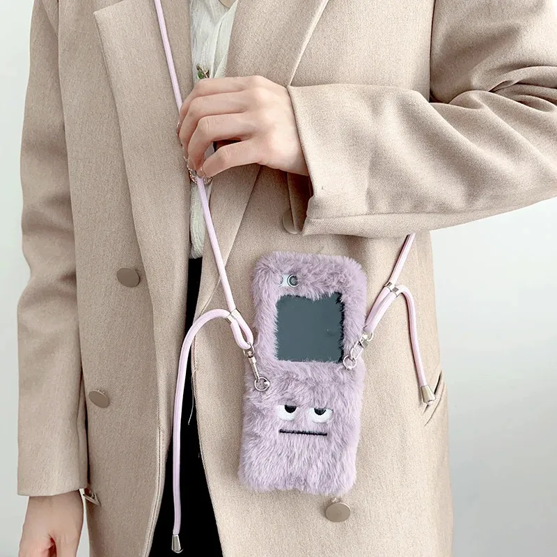 For Samsung Galaxy Z Flip 4G 6 5 4 3 5G Fashion Soft Purple Plush Fluffy Funny Expression Case Cover With Crossbody Long Strap