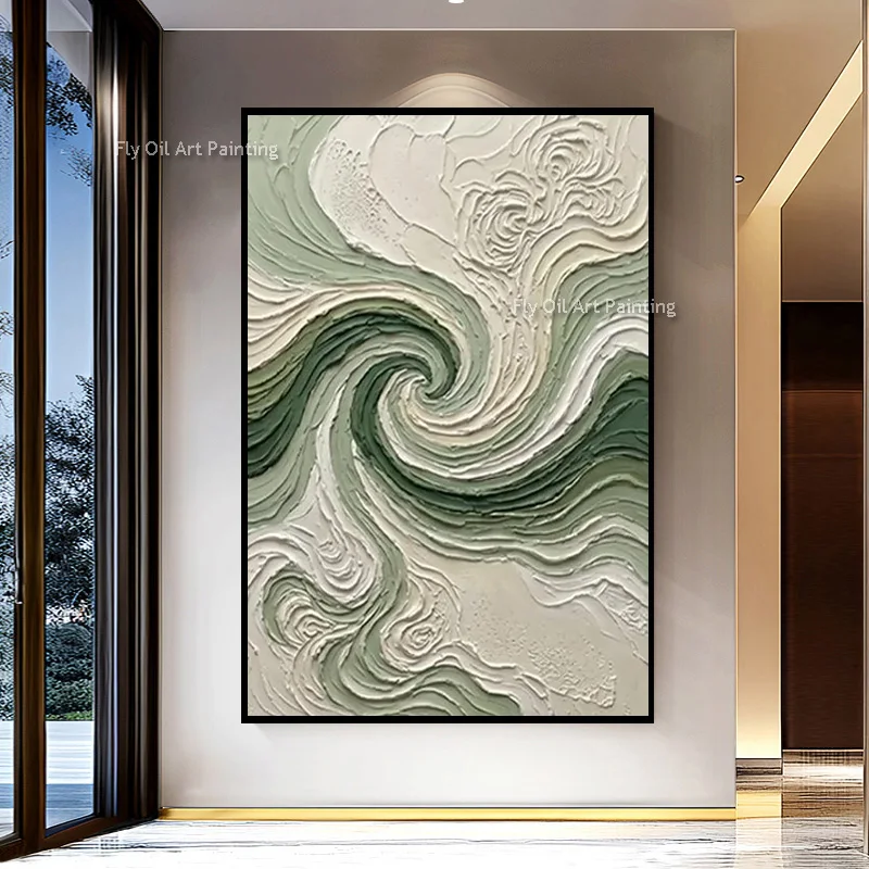 Large 100% Hand‑Painted Abstract Oil Painting, Sage Green Swirl Palette Knife Heavy Impasto Textured Vertical Canvas Wall Art