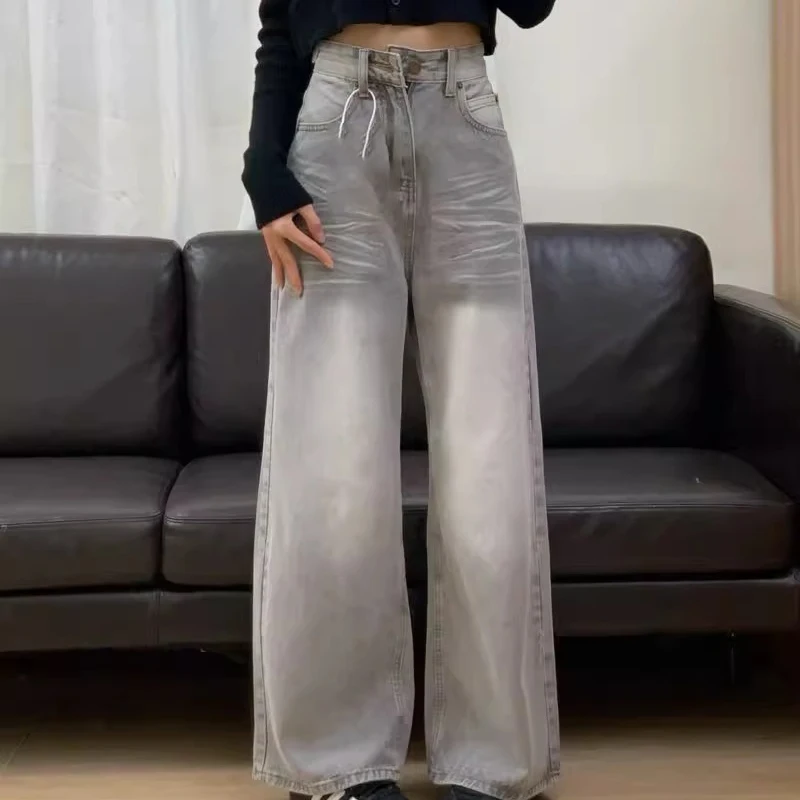 

Women's Fashionable Straight-leg Jeans Female Spring Autumn American-style Vintage Wide-leg Pant Gray High-waisted Denim Pants
