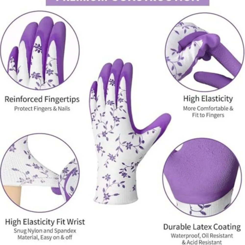 

3Pairs Portable Breathable Gardening Gloves Printed Lightweight Latex Foam Gloves Comfortable Flexible Working Glove For Women