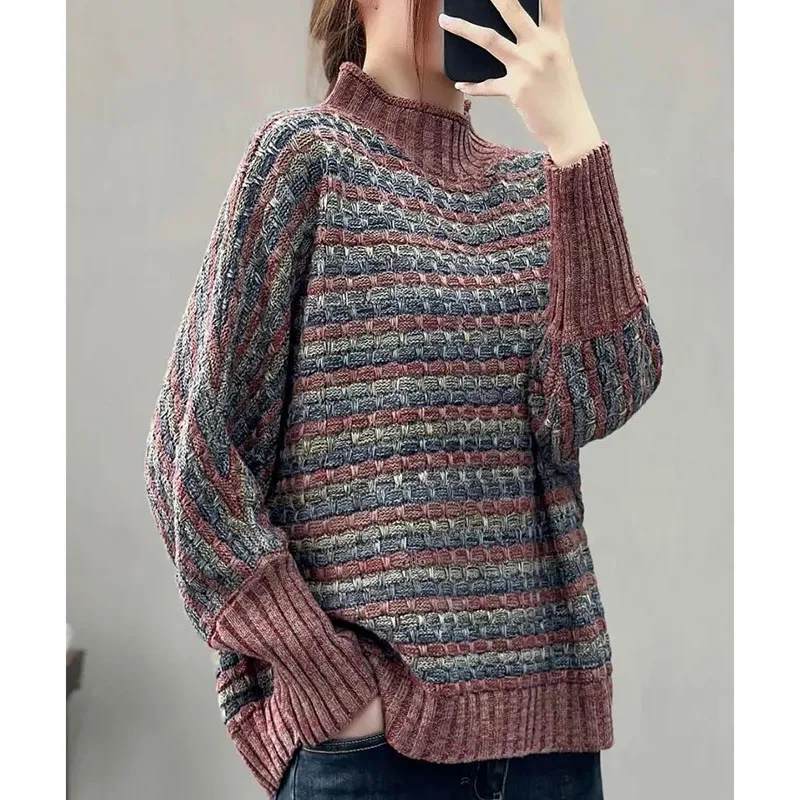 

Spring Autumn Female Stripe Cotton Knitwear Tops Ladies Fashion Round Neck Sweater Korean Women Batwing Sleeves Knitted Cardigan