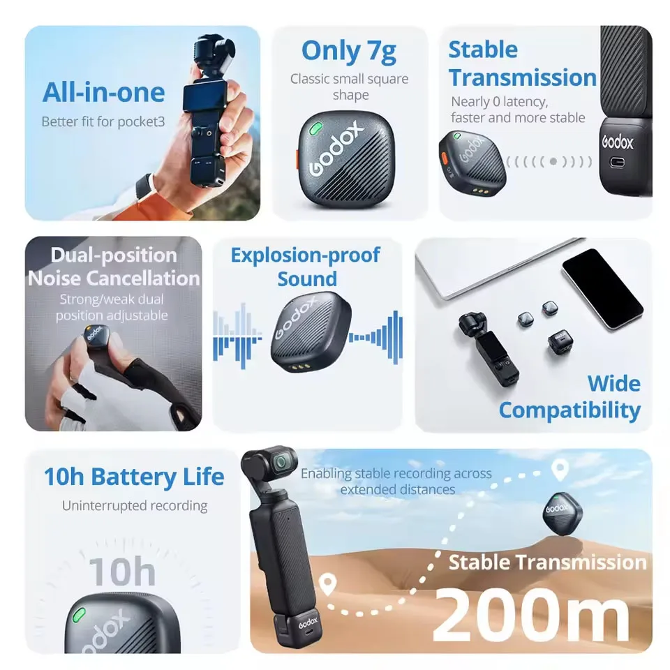 ميكروفون Godox Cube-OP3 2.4 جيجا هرتز لاسلكي 200 متر، ميكروفون منخفض الكمون لتقليل الضوضاء متوافق مع DJI Osmo Pocket 3