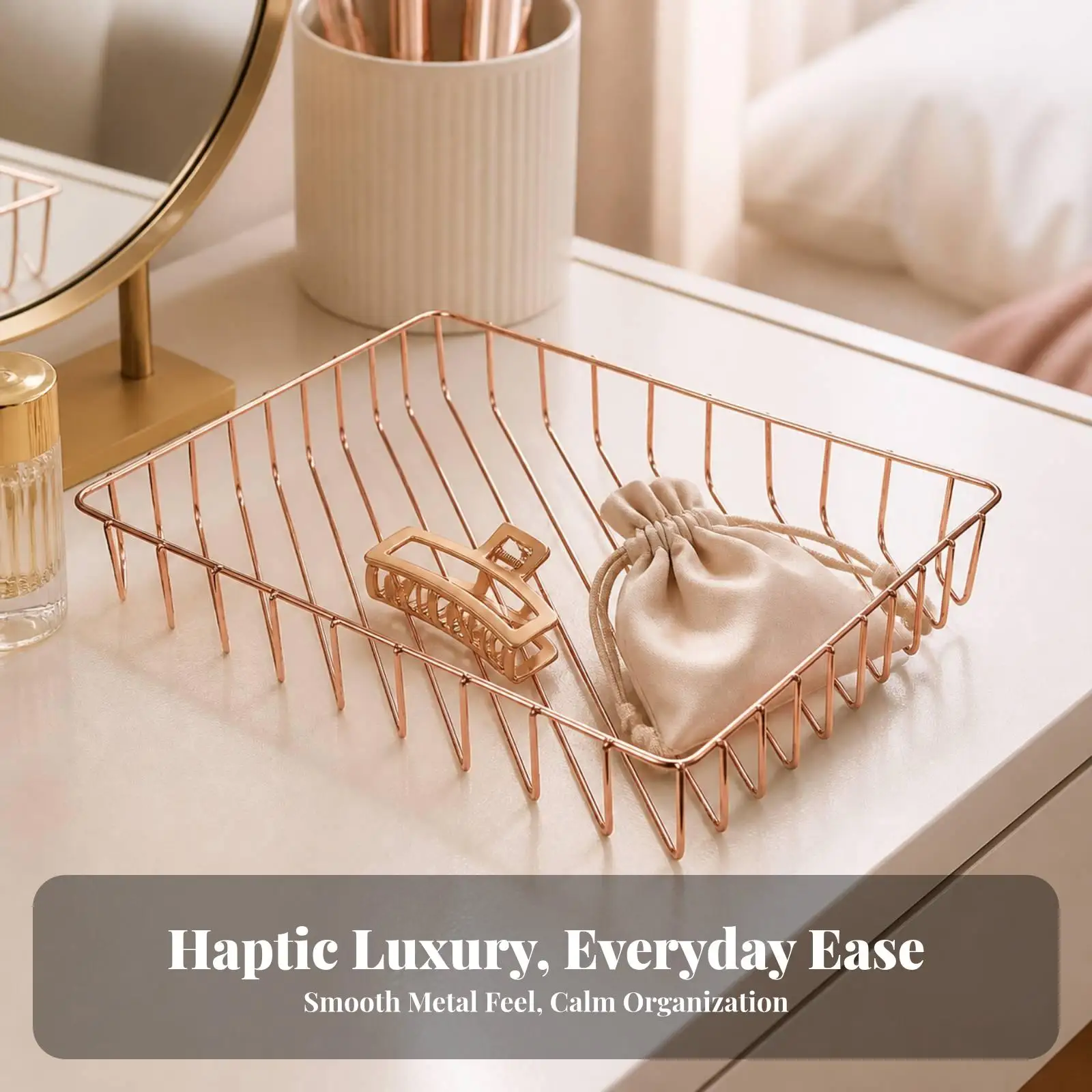 Stainless Steel Wire Basket Rose Gold for Magazine Fruit Snack Storage Desk Shelf Organization Minimalist Design