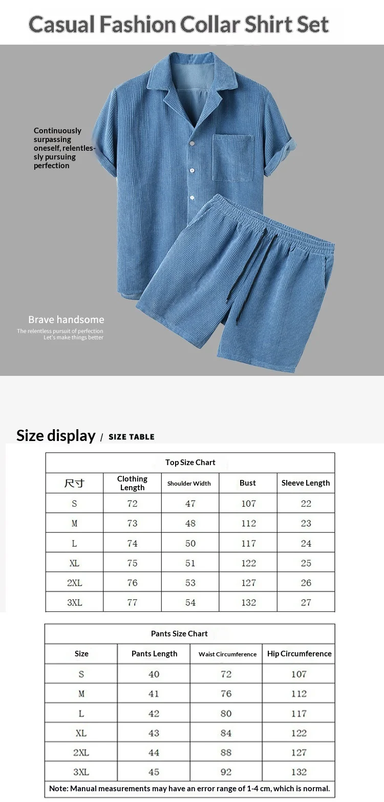 Mens Summer Corduroy Hawaiian 2 Piece Set Luxury Solid Short Sleeve Shirt Shorts Casual Streetwear Tracksuit view 6