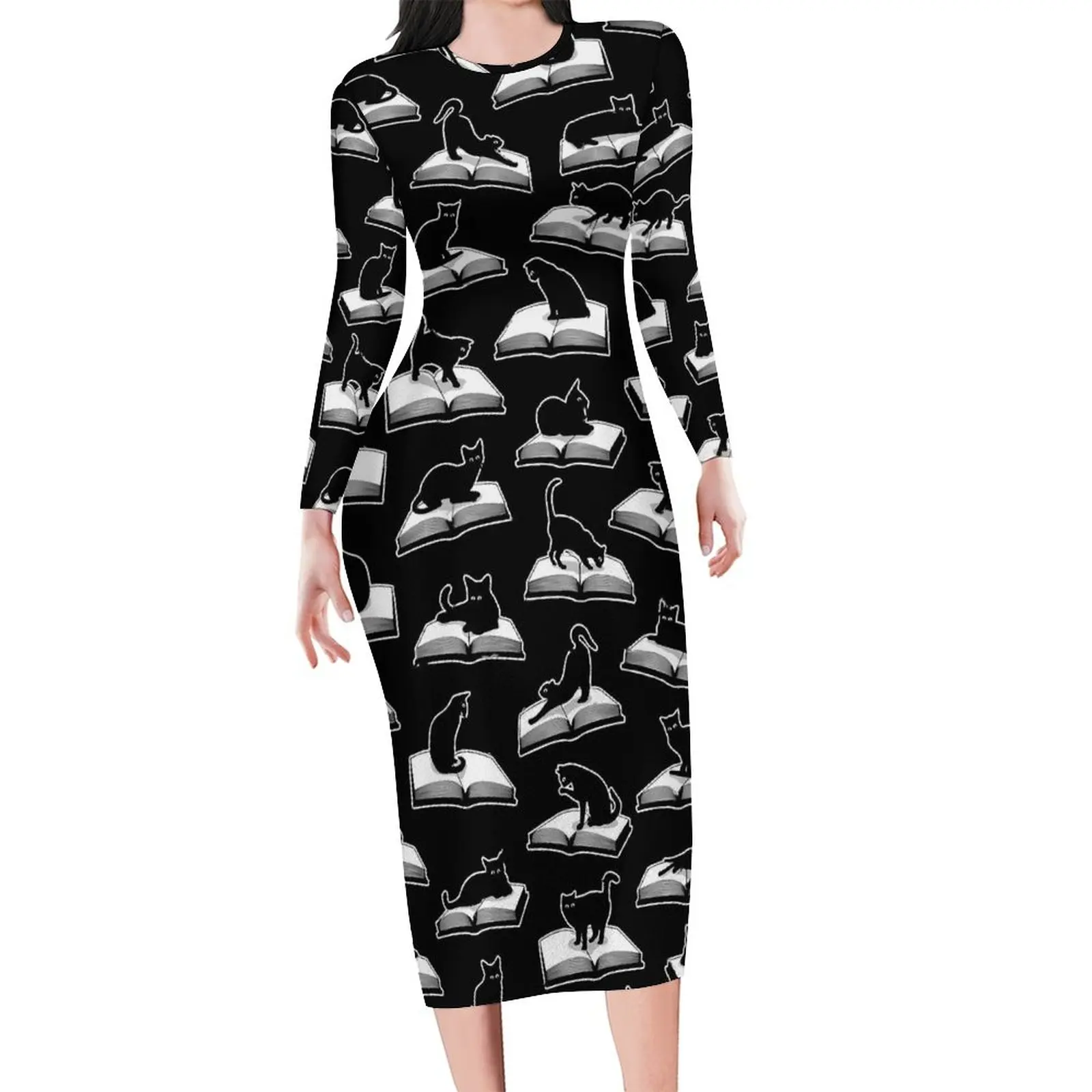 Library Cats Bodycon Dress Summer Books Print Sexy Dresses Ladies Long Sleeve Design Street Fashion Dress Big Size 4XL 5XL