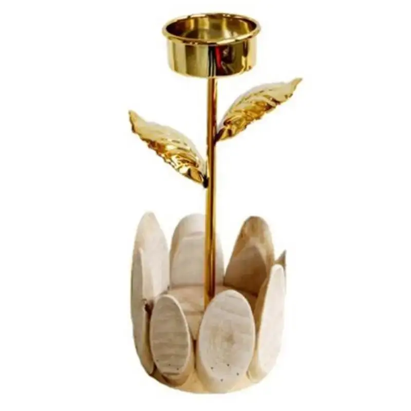 Candelabro metálico dorado con base de madera – Portavelas decorativo para bodas - imagen 4