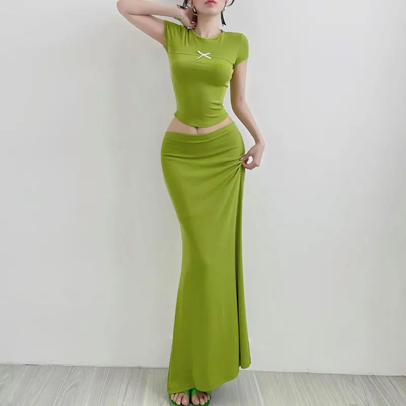 

New Women's T-shirt Skirt 2 Piece Summer Fashion Bow O-Neck Tank Sexy Lady Maxi Skirt Casual Slim Solid Elegant Clothing 2 Piece