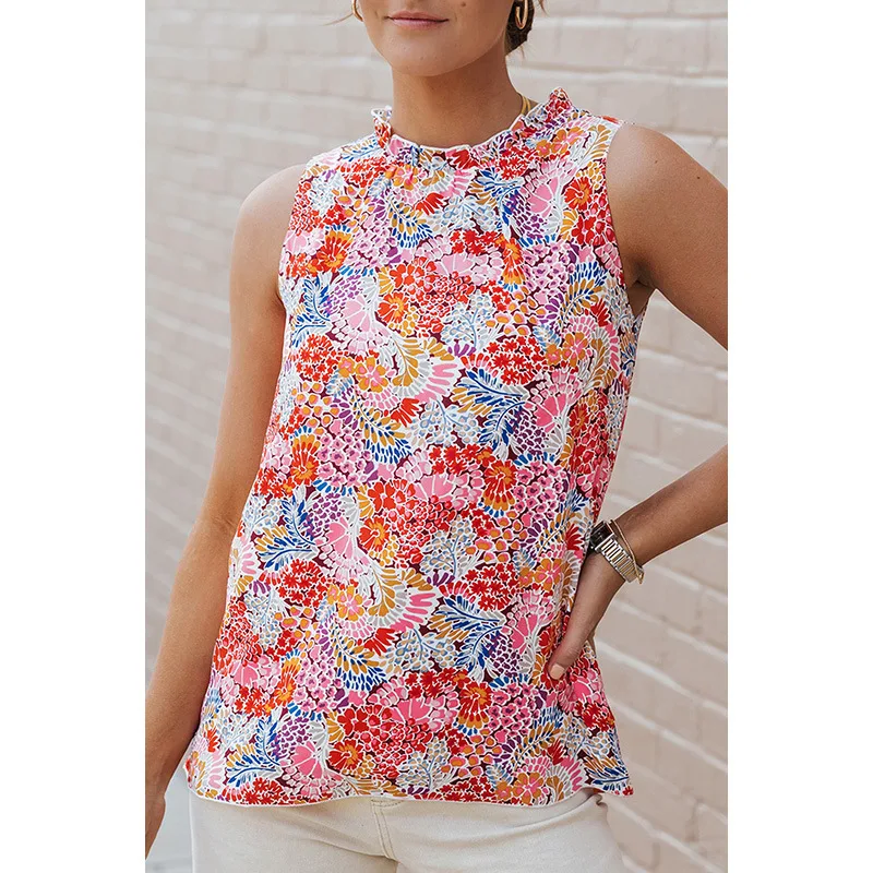 

Summer New Multicolor Gorgeous Flower Print Casual Tank Top Women's Round Neck Sleeveless Ruffle Edge