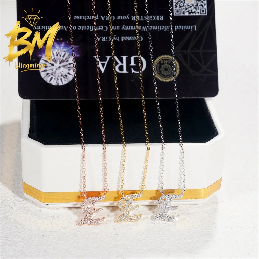 Blingminer S925 Silver Name Letter E VVS Moissanite Hip Hop Pendant Necklaces For Women  Jewelry Pass Diamonds Tester GRA
