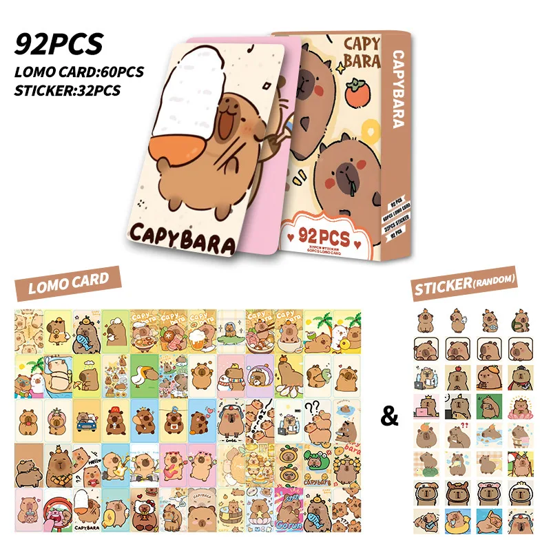 Cartes d'impression double face d'animaux Kawaii Capybara, cartes Druo de dessin animé, carte photo HD, collection de cadeaux pour enfants, 92 pièces