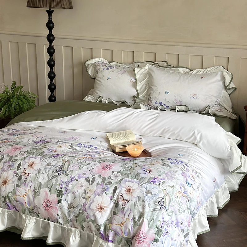 

Комплект постельного белья «Принцесса» из египетского хлопка премиум-класса 1000TC с цветочным принтом и оборками, пододеяльник, простыня на резинке, наволочка, 4 шт.