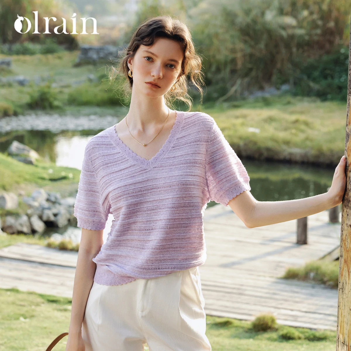 

OLrain Women's Knit Short Sleeve Top 2026 Summer New French V-Neck Cut Out Textured Casual Minimalist Pullover O58XZ005930