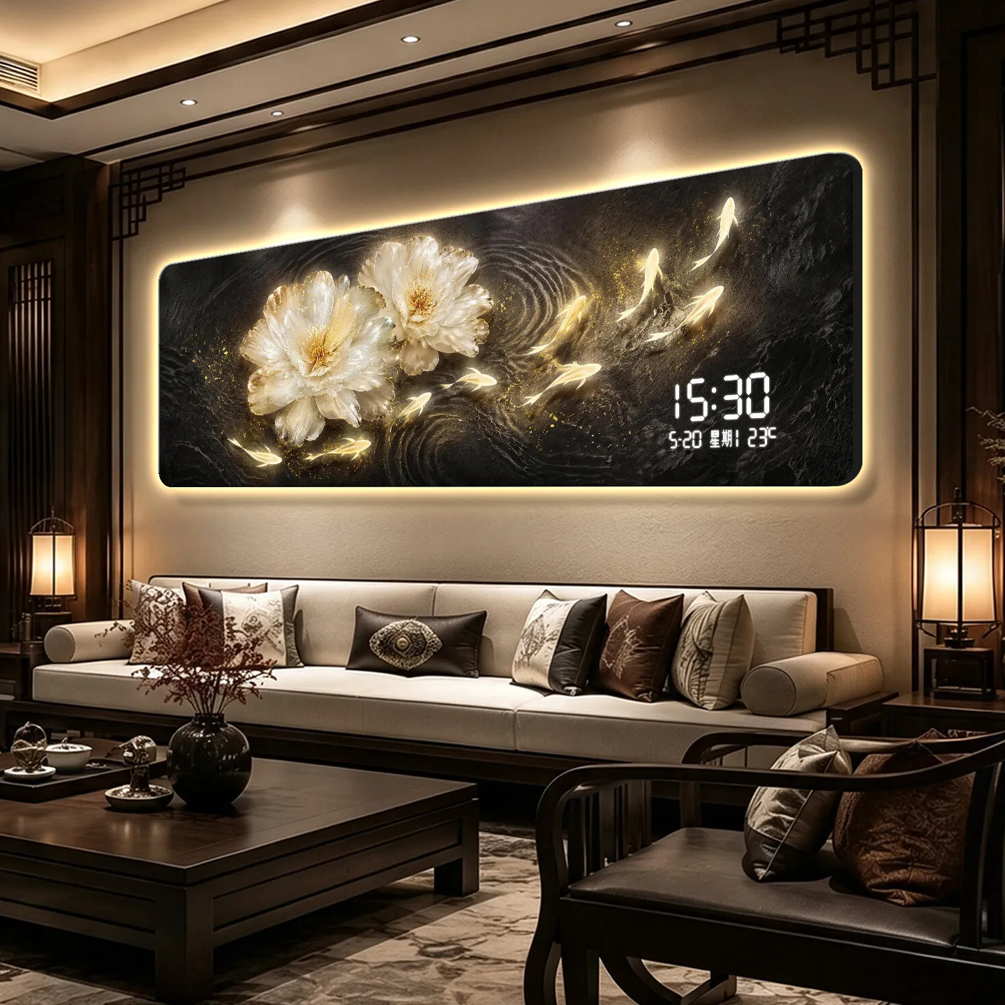 Mid ancient style nine fish painting living room decoration painting electronic digital clock wall lamp painting