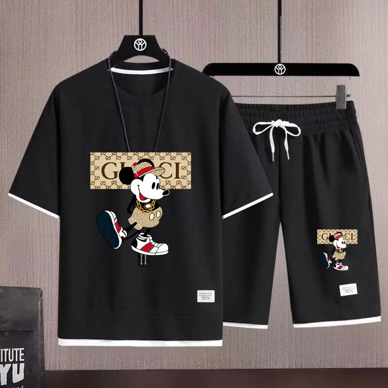 

2025 New Mickey Disney Shorts Short Sleeve T-shirt Two Piece Set for Men's Summer Loose Design Shorts Sports and Leisure Set