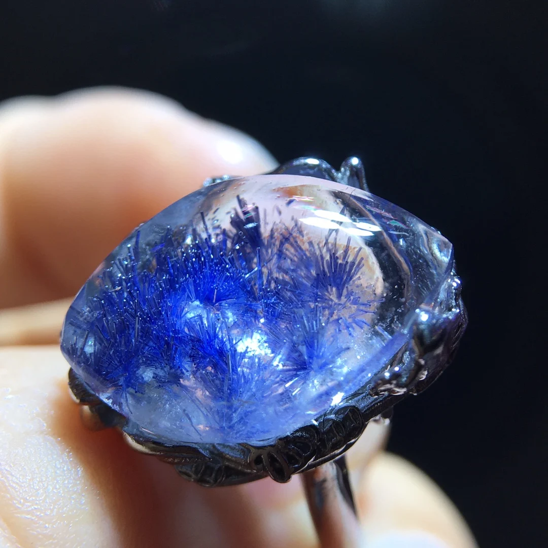Natürlicher blauer Rutilquarz-Ring aus Dumortierit, verstellbar, 17,6/11,7 mm Größe, Damen- und Herrenring, Schmuck AAAAAAA