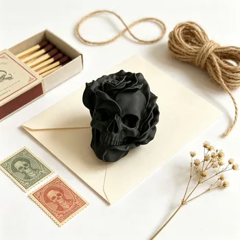 Black Rose Skull 3D Printed Ornament – Gothic Desktop Figurine