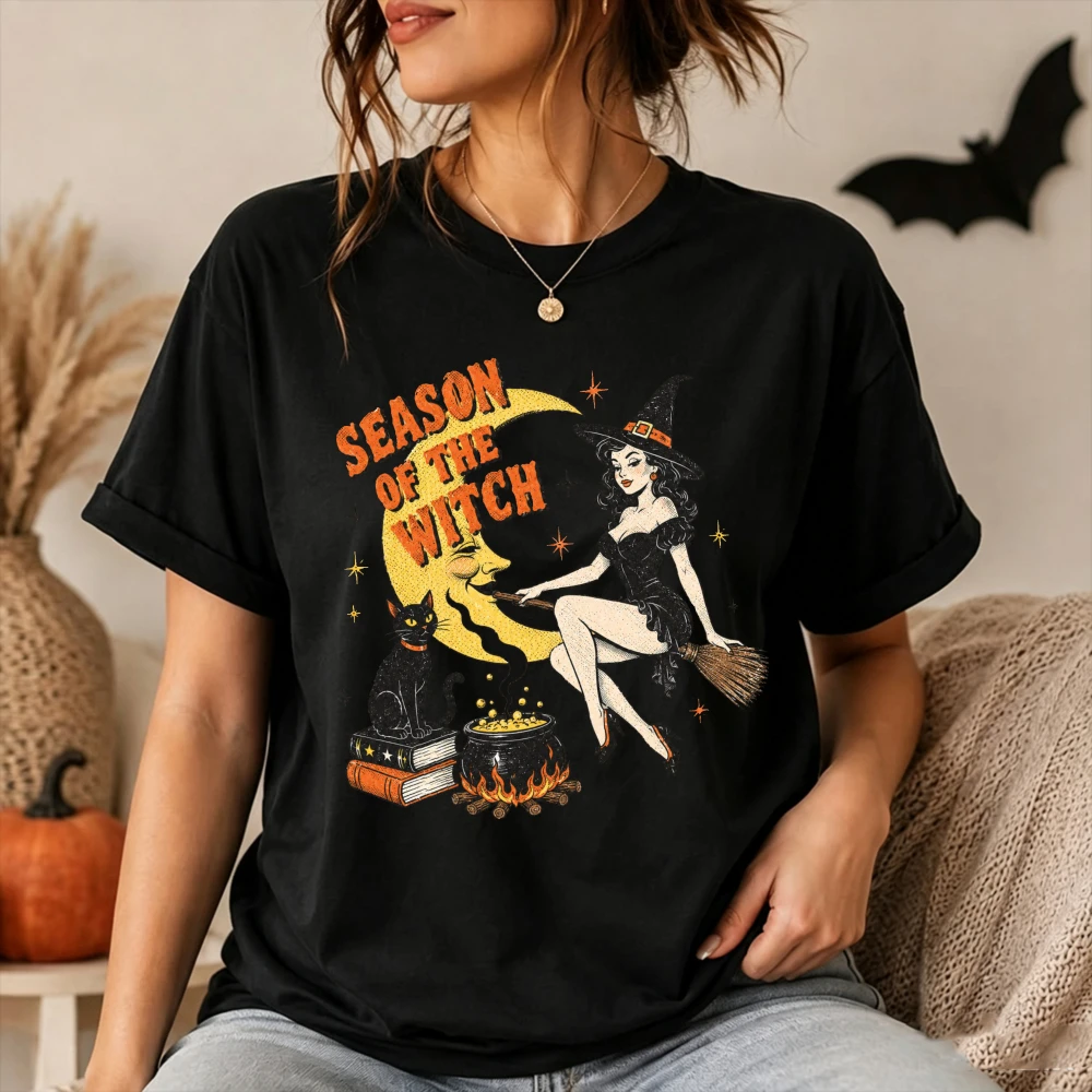 Season of The Witch Vintage Halloween Graphic T-Shirt Retro Spooky Season Casual Short Sleeve Tee Horror Top Women Clothing