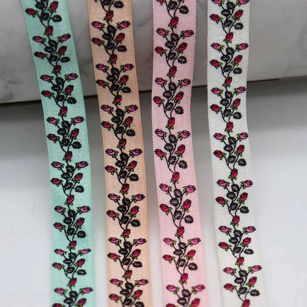 

5/8" 15mm Rose Flowers Vine Printed Fold Over Elastic FOE Ribbon For Valentine's Day Decoration DIY Knot Hair Ties