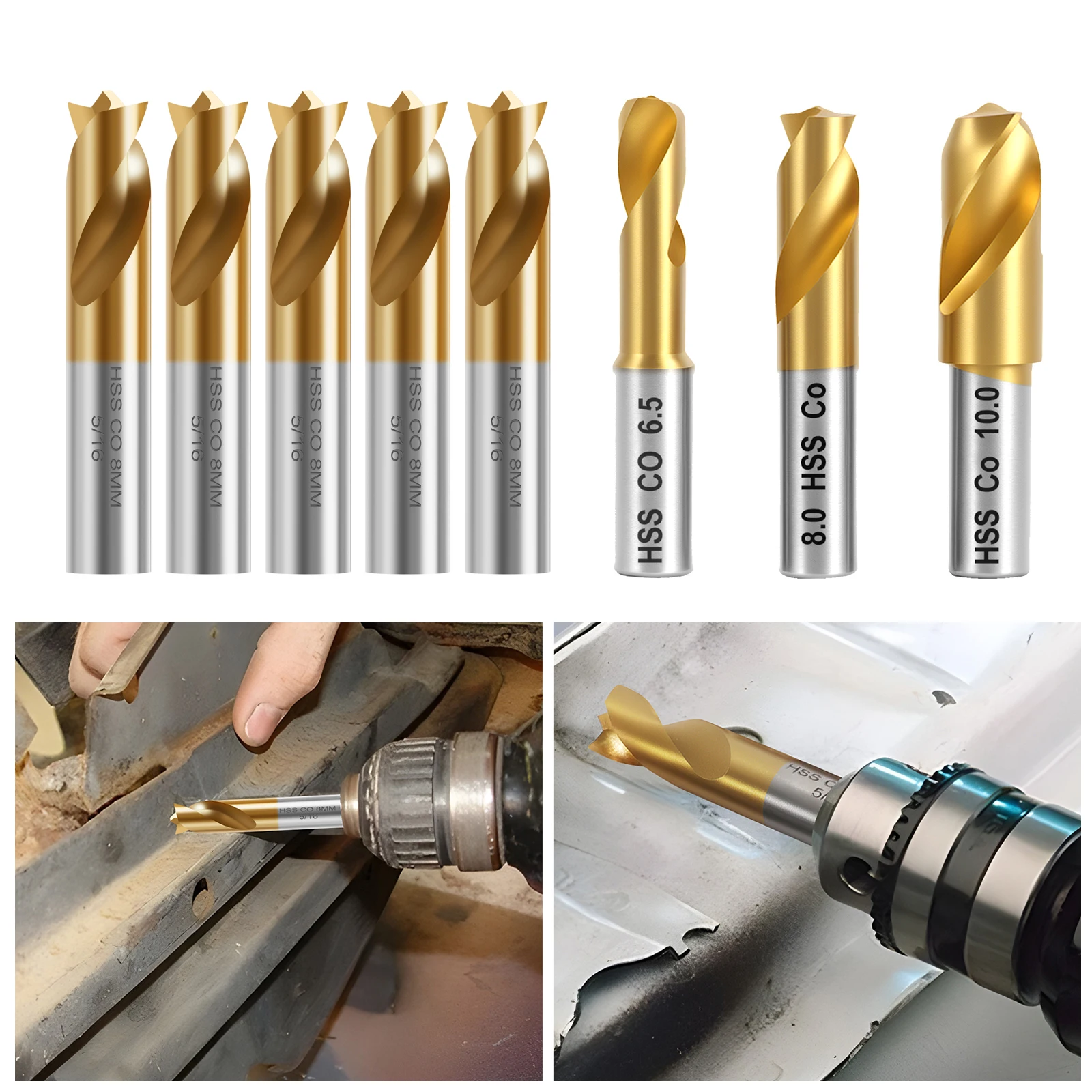 5/3pcs Cobalt Spot Weld Drill Bit Set Kit 6.5/8/10mm Titanium Coated High Speed Cobalt Steel Weld Cutter Drill Bit Weld Removal