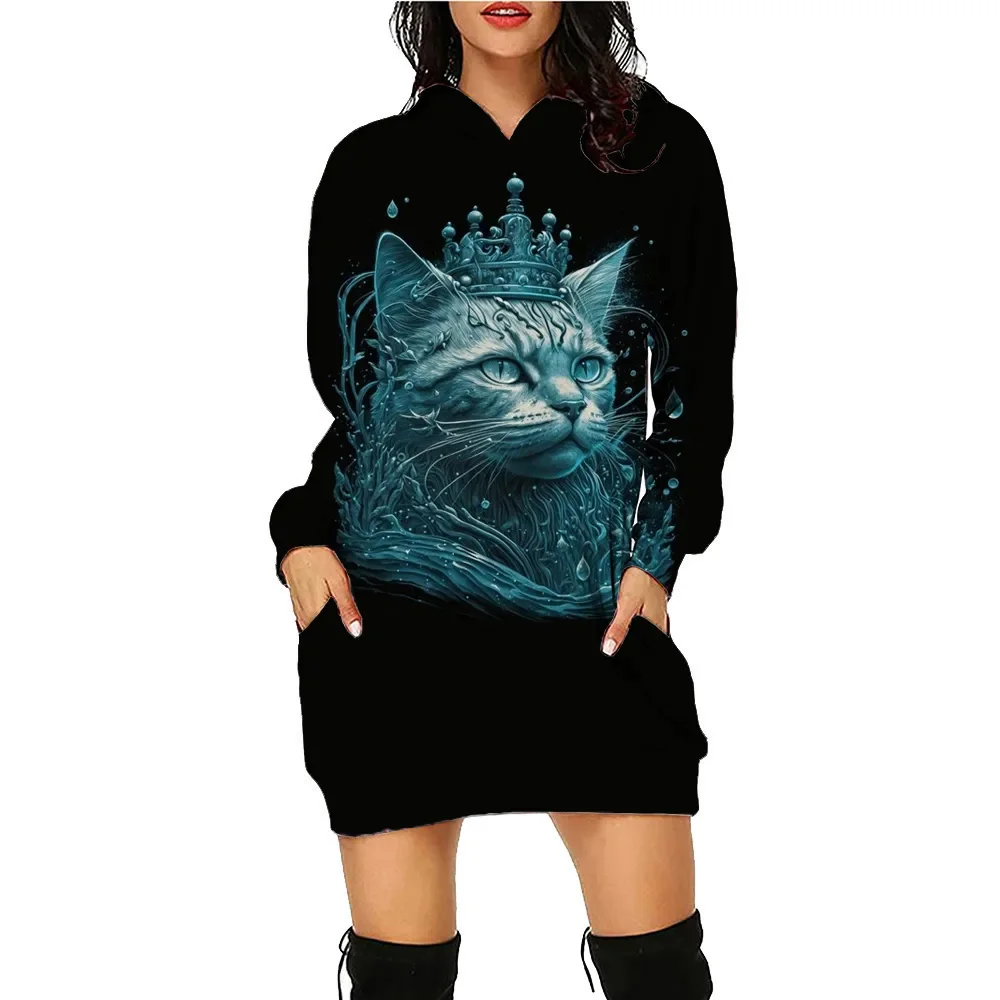 Robe à capuche imprimée chats pour femmes, sweats à capuche d'entraînement, pull à manches longues, t-shirt At Traf, automne, hiver, 03